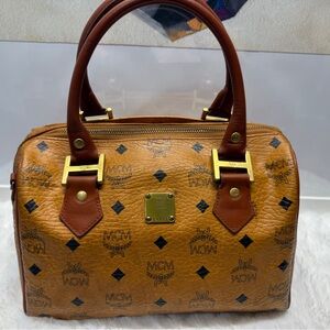MCM Small Boston Bag Cognac Monogram Leather